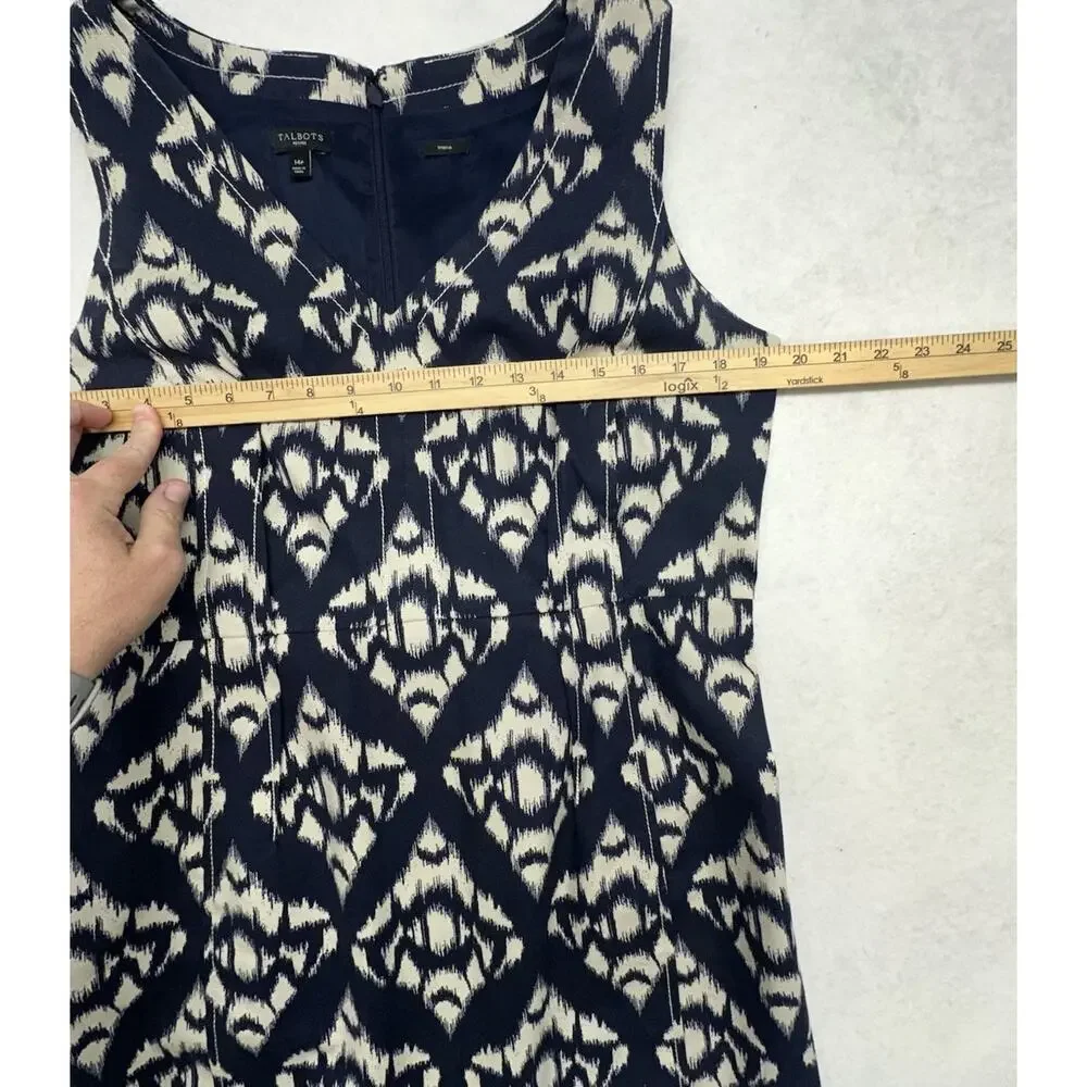 Talbots Womens Dress 14 P Blue Cream Ikat Print Lined Sleeveless Sheath Stretch - Picture 7 of 12